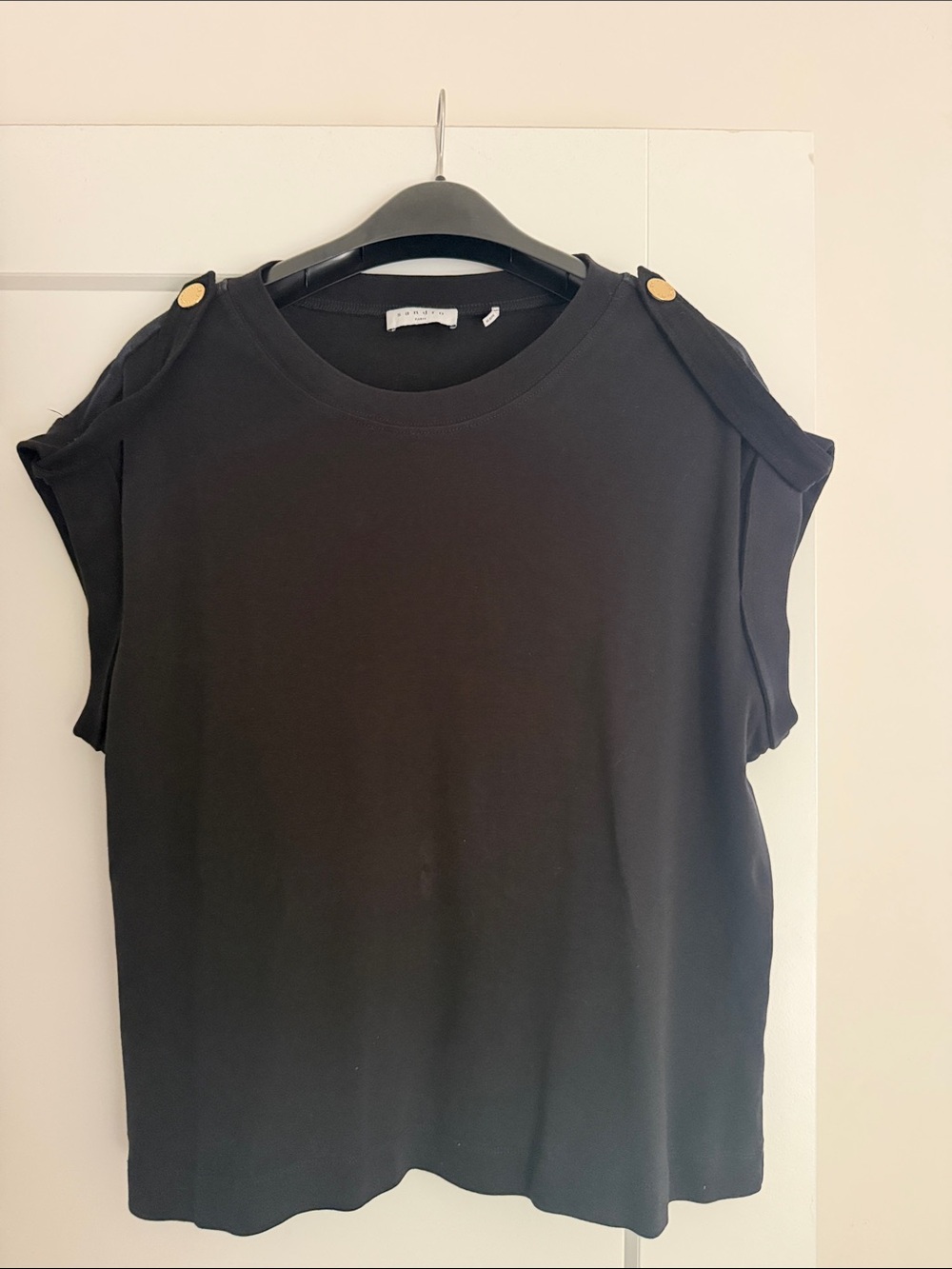 Black Short-Sleeve Tee with Gold Shoulder Buttons
